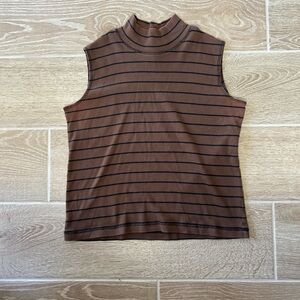 Striped Brown Sleeveless Mock Turtle Neck Top